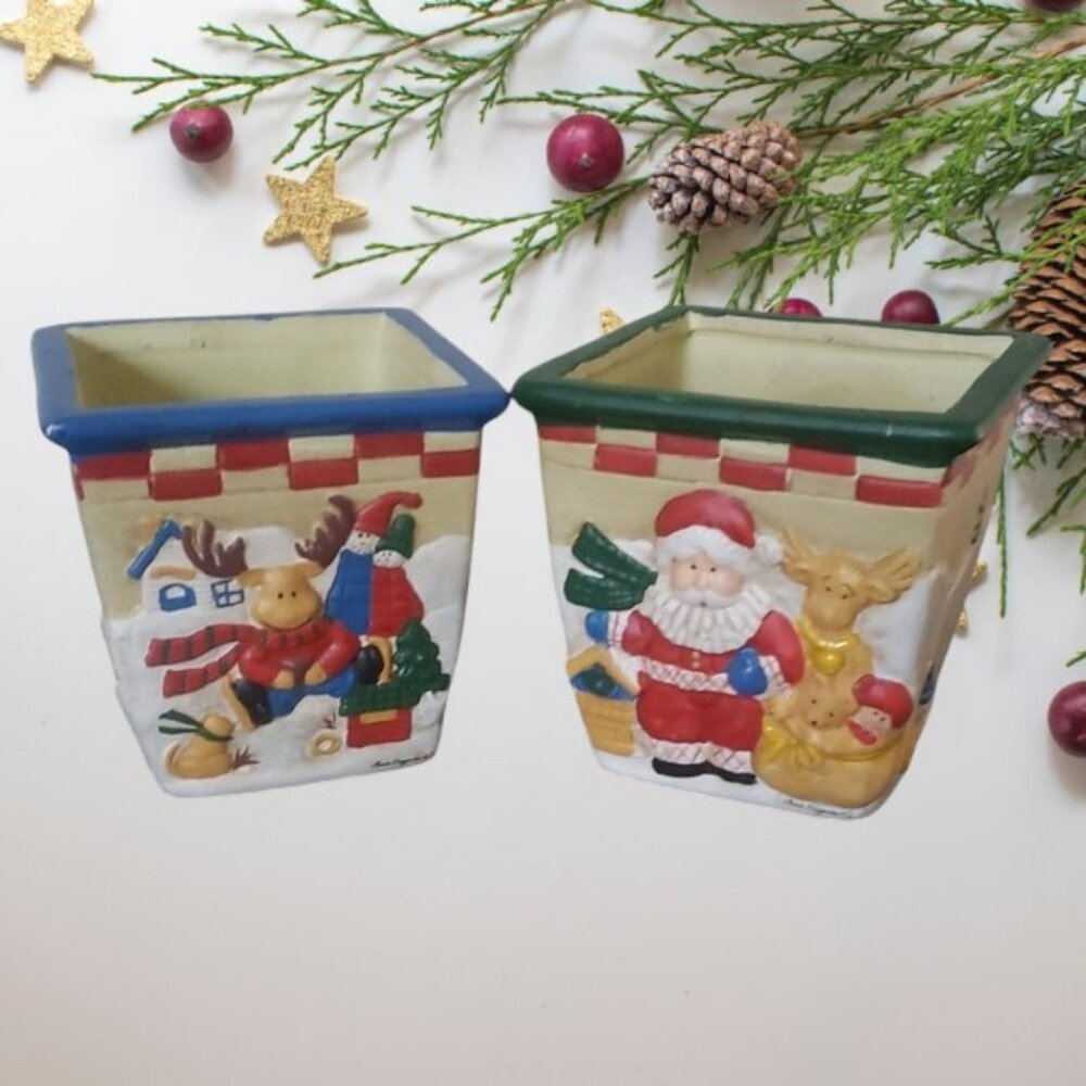 Laurie Korsgaden Santa Claus w/Reindeer & Christmas Moose Ceramic Holders   NWT